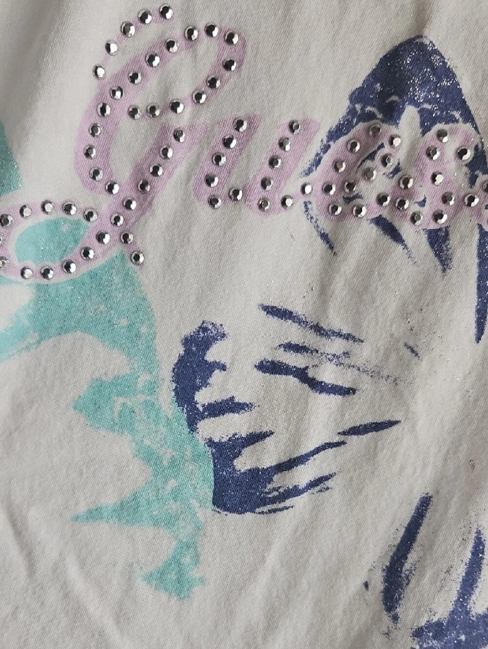 Guess White Girls' Short Sleeve Tee with Blue Butterfly & Aqua Accents 12-14